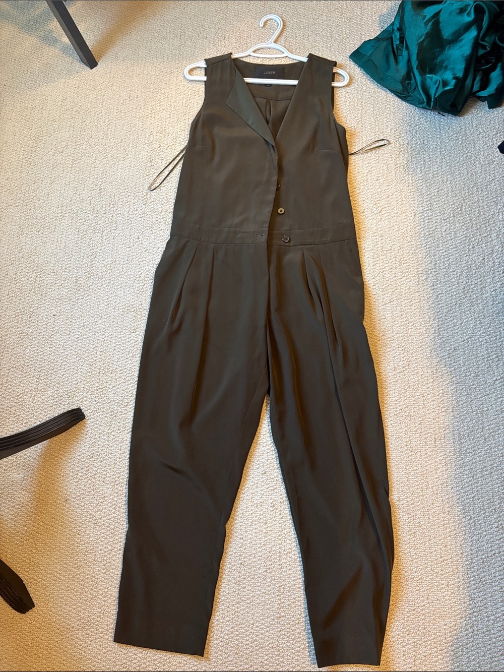 J. Crew Olive Sleeveless Button-Front Jumpsuit